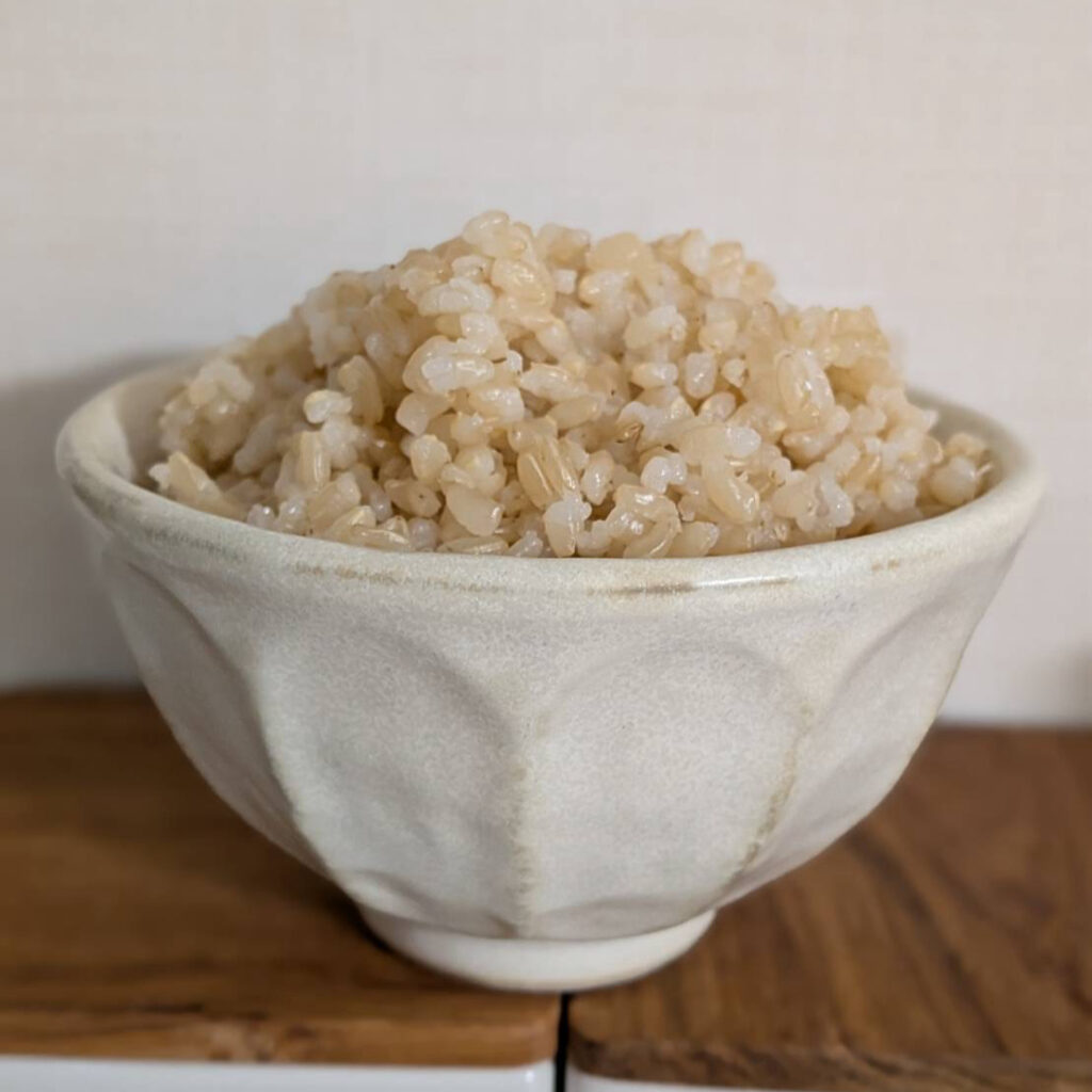 茶碗に盛った、炊きあがった玄米ごはん